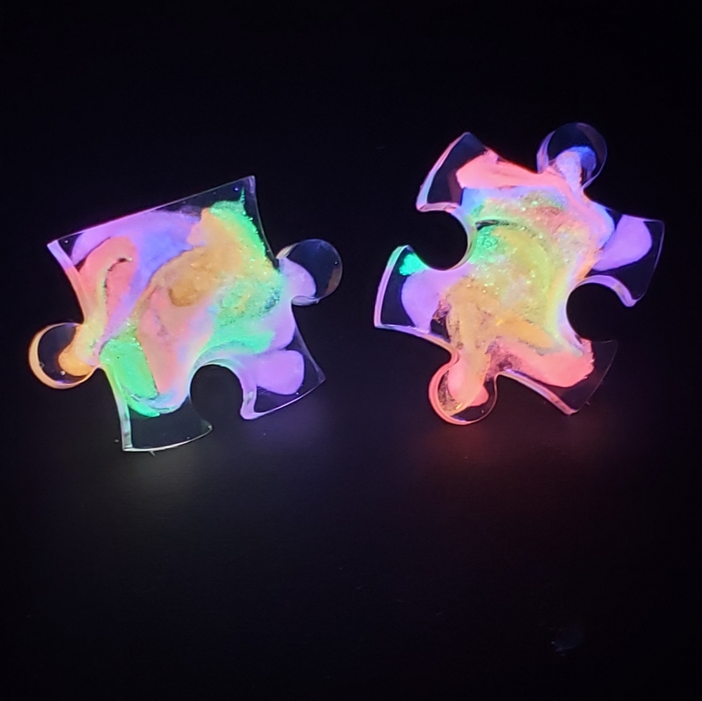 Handmade Rainbow Clear Puzzle Pieces Stud Earrings - Reacts to UV Light